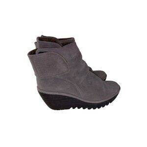 Fly London Womens Ankle Boots Wedge Heels Suede Gray Hook & Loop Size 40 US 9
